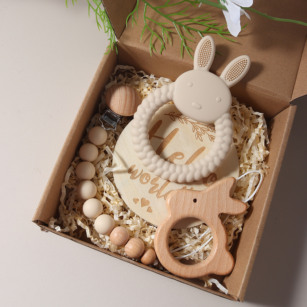 Conjunto de presente para bebê recém-nascido, mordedor de coelho de silicone, chocalho de coelho de madeira, adereços para fotografia