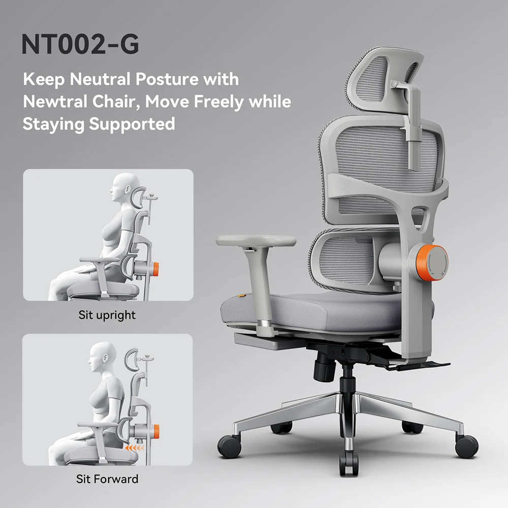 NEWTRAL NT002 Ergonomiczne krzesło, adaptacyjne podparcie dolnej części pleców, regulowane oparcie, podłokietnik, zagłówek, podnóżek