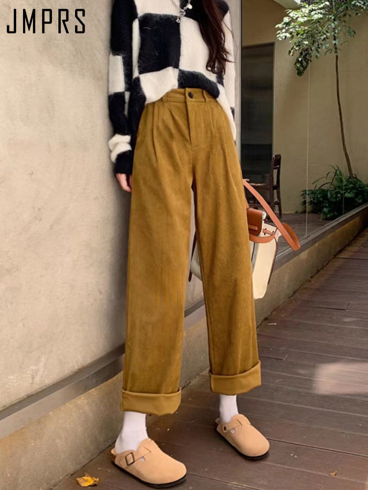 JMPRS, pantalones de pana Vintage de cintura alta para mujer, pantalones rectos informales de primavera, pantalones Vintage con bolsillos de café de Corán, pantalones que combinan con todo, nuevos