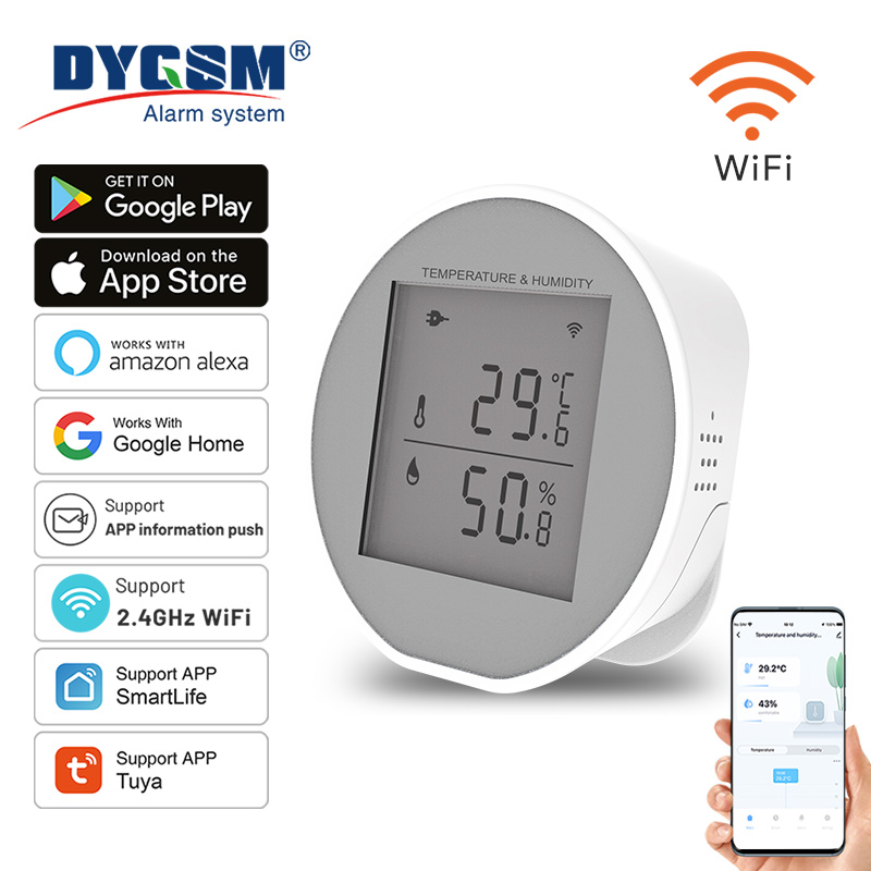 Tuya wifi sensor de umidade temperatura lcd display digital termômetro sensor 55db alarme sonoro suporte usb ou alimentado por bateria