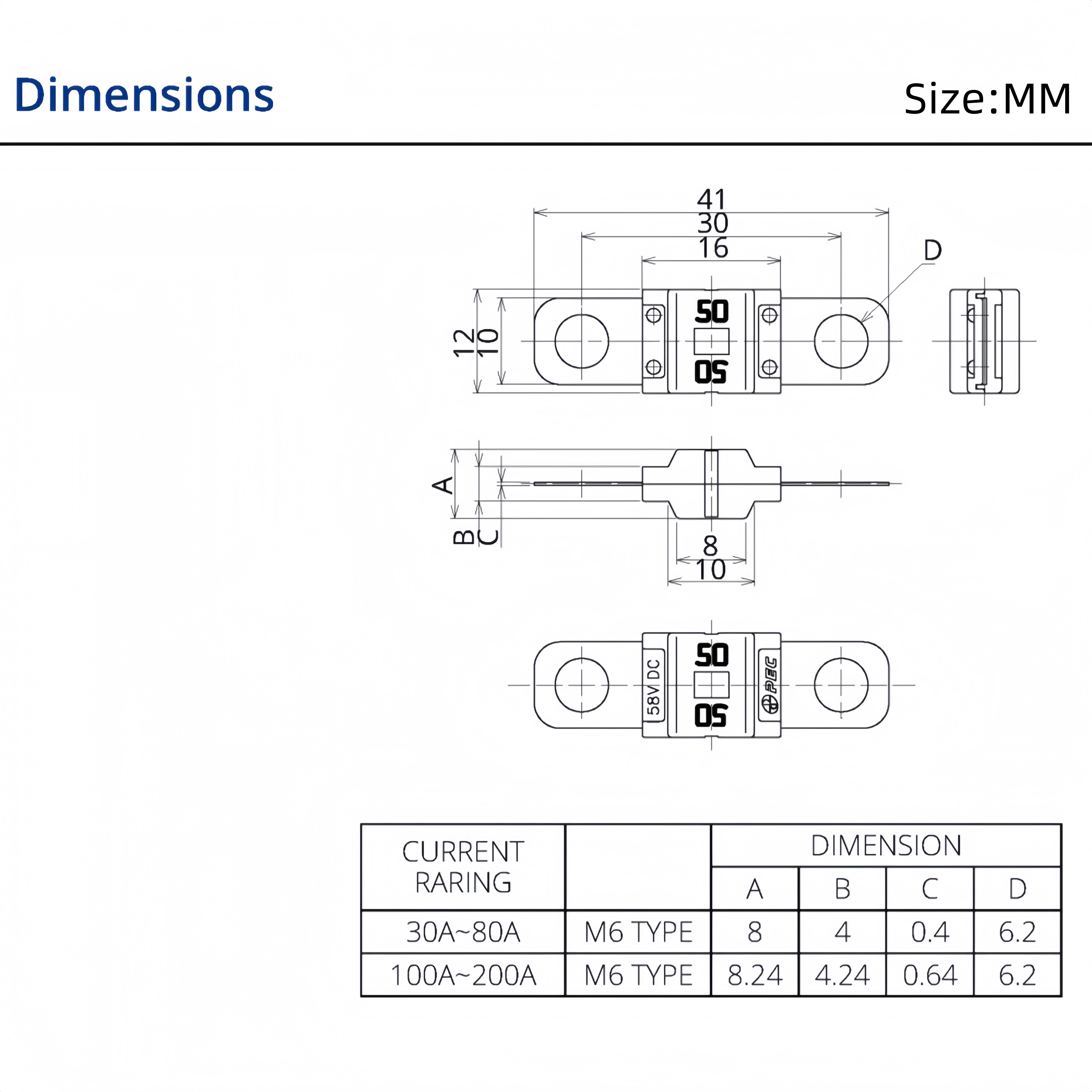 Neue PEC SBFW-L Umschraubsicherung, 58 V DC 30 A, 40 A, 50 A, 60 A, 70 A, 80 A, 100 A, 125 A, 150 A, 175 A, 200 A, Motorrad-Stereo-Audio-AFS-Sicherung