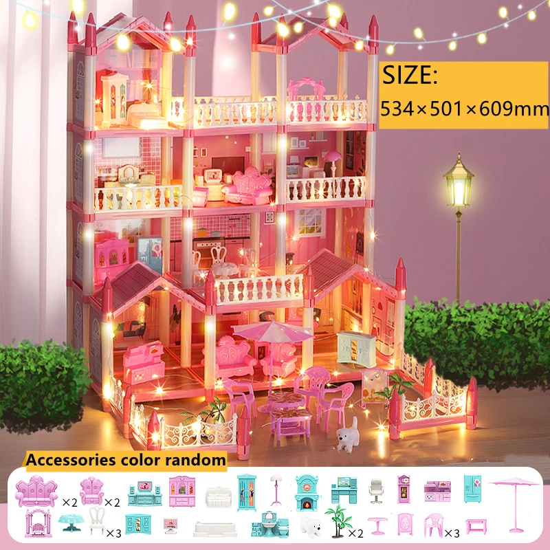 ไฟ LED ของขวัญวันเกิดเด็กหญิงบ้านของเล่นประกอบ3D แบบ DIY บ้านตุ๊กตาขนาดเล็กอุปกรณ์เสริมบ้านตุ๊กตาเจ้าหญิงวิลล่าปราสาท