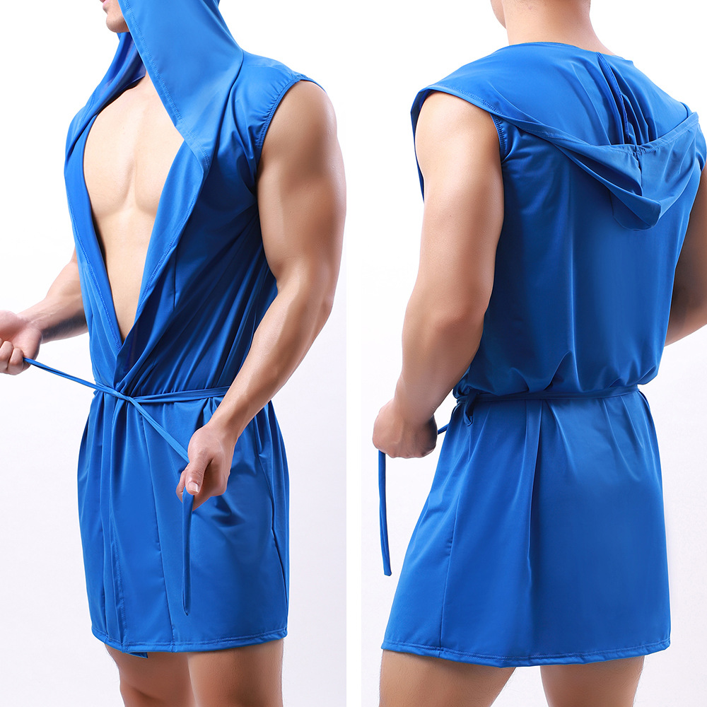 ชายผ้าไหมใหม่ Hooded Sleeveless เซ็กซี่บางเสื้อคลุมอาบน้ำ Pijama Hombre สบายและ Breathable ผ้าขนหนูอาบน้ำ Robe Gown
