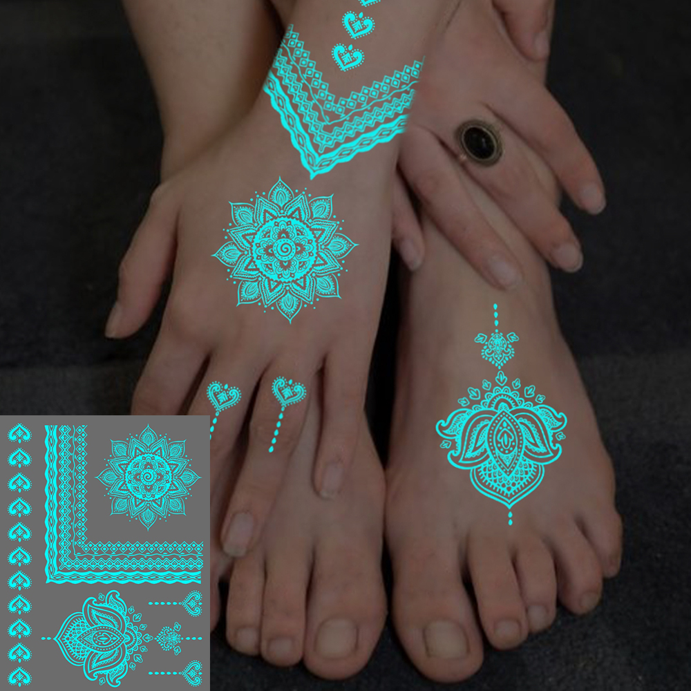 Blue Luminous Glow Hand Henna กันน้ําชั่วคราว Tattoo สติก