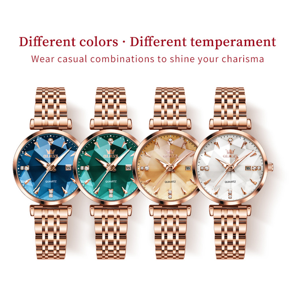 Olevs Dameshorloges Mode Elegante Ruitvormige Spiegel Origineel Quartz Polshorloge Waterdichte Band Datum