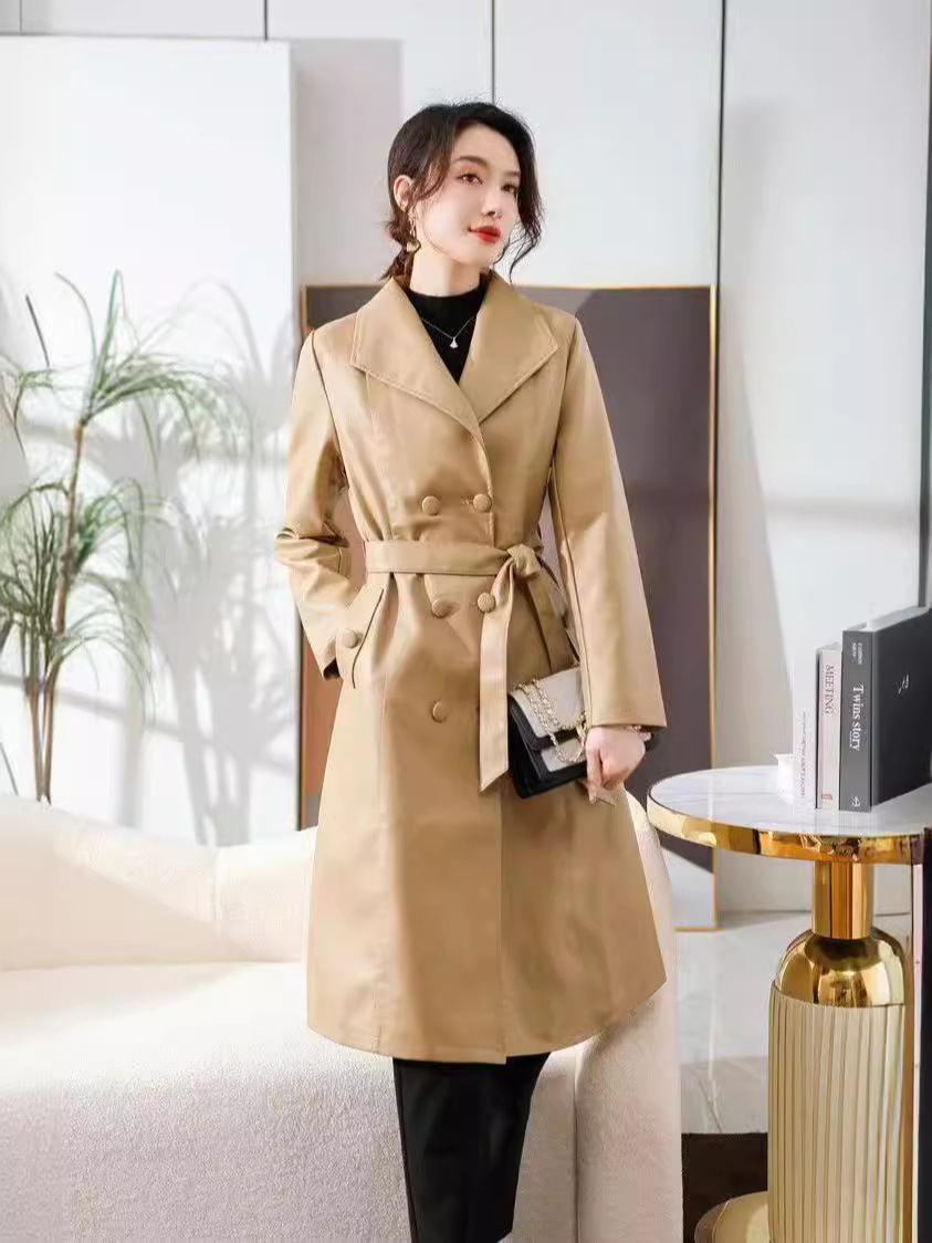 女性用本革トレンチコート,膝上の羊,長い中国製,秋冬用,新しい,2024