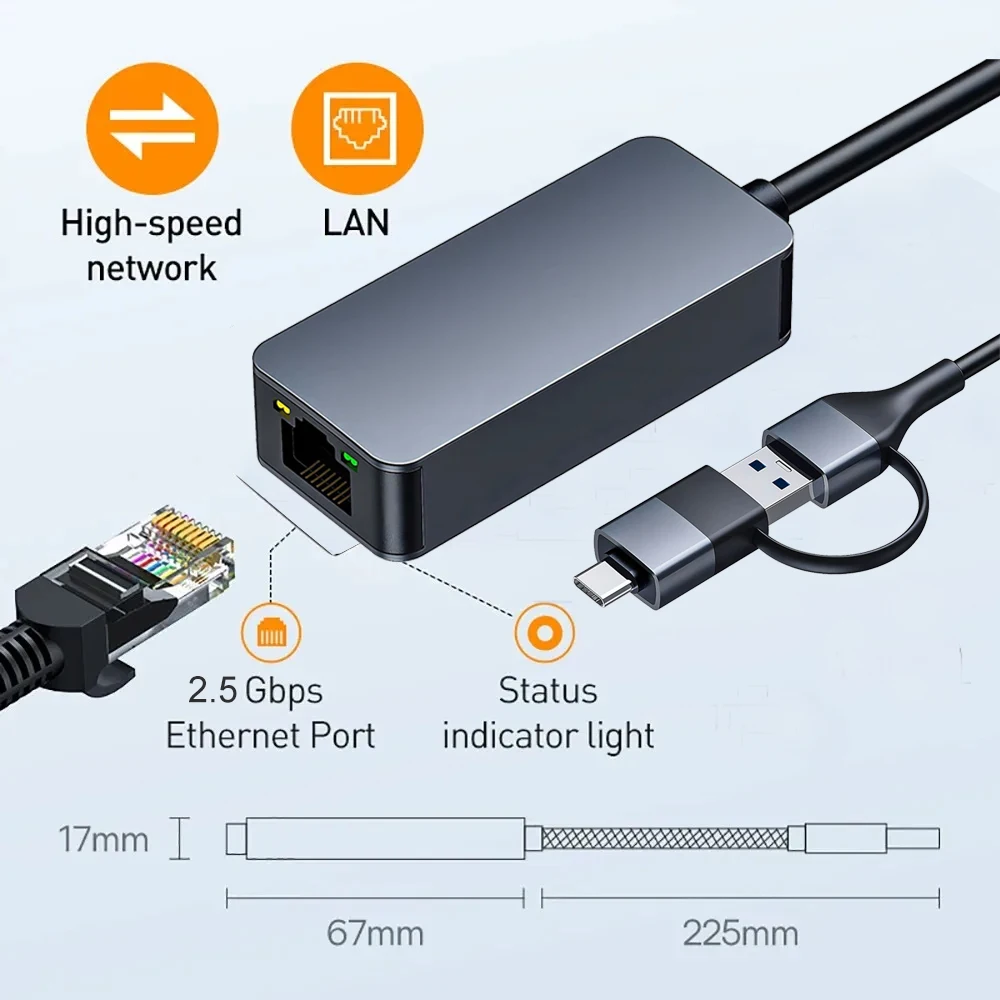 Сетевая карта 2500 Мбит/с, USB Type-C Ethernet на RJ45, Проводной адаптер 2,5 ГГц, USB 3,0, конвертер, Lan-карта для Windows 7/8/10 для ПК