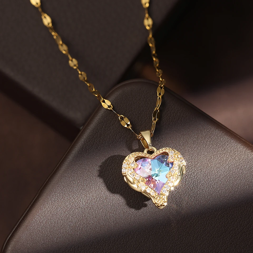 Zakol wunderschöne bunte Zirkon Liebe Herz Anhänger Halskette für Frauen Mode Edelstahl Halskette Schmuck Geschenk