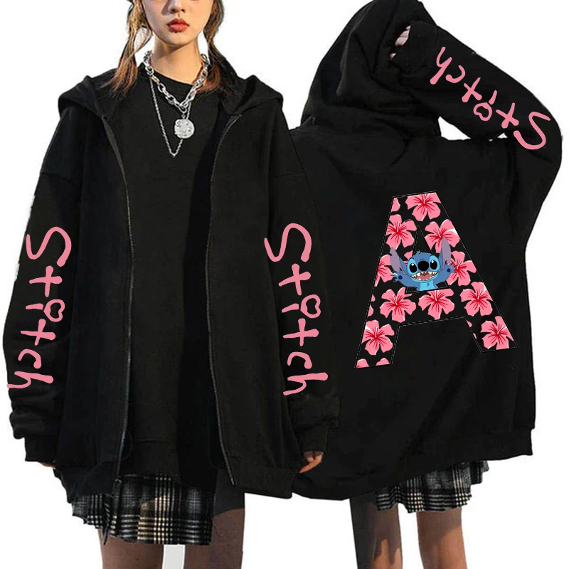 Sudaderas de los años 90 con cremallera para mujer, sudaderas con capucha bonitas Kawaii de Disney Lilo & Stitch con letras, chaquetas con cremallera, ropa de calle para parejas con capucha