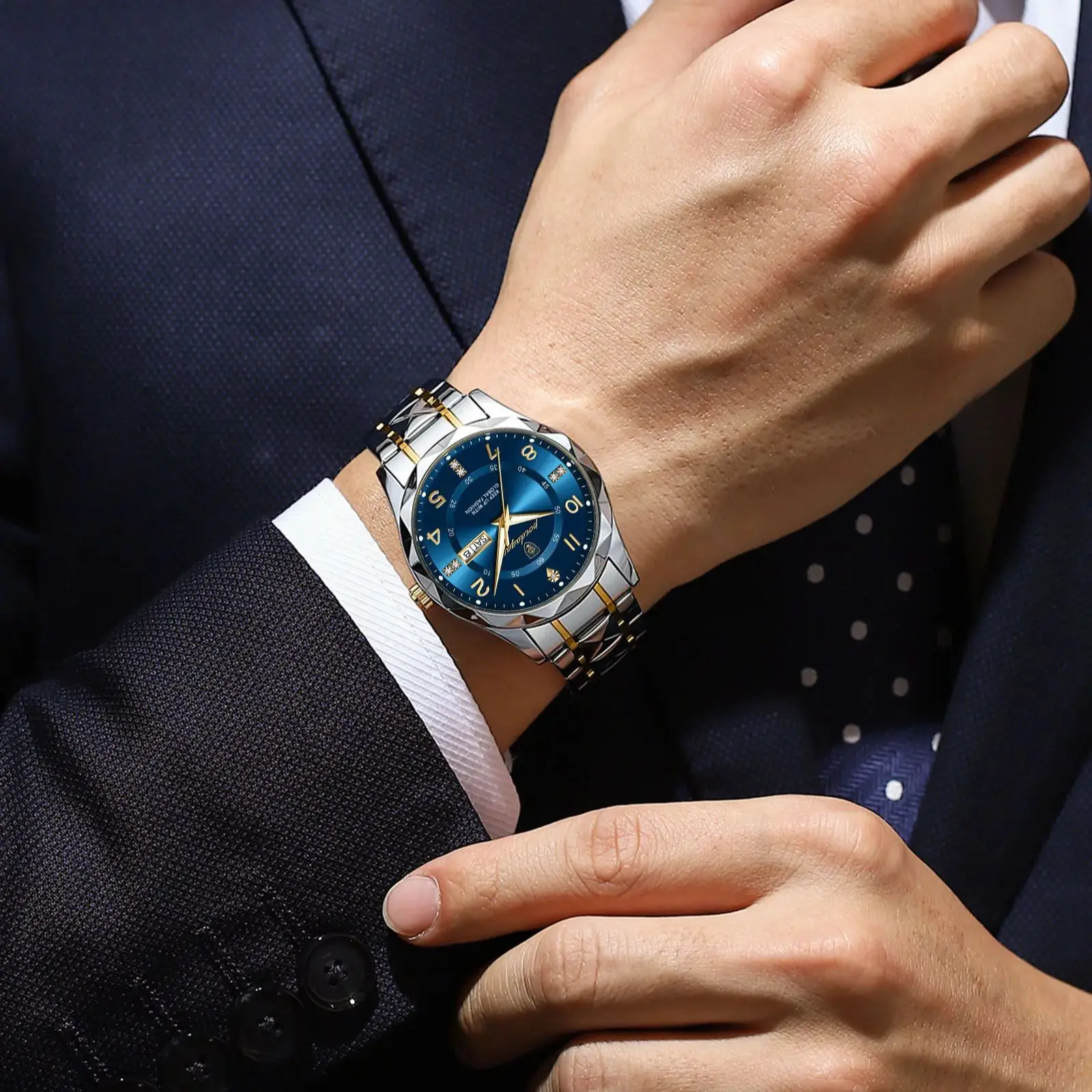 Reloj de pulsera POEDAGAR de lujo para hombre, resistente al agua, luminoso, con fecha y semana, reloj deportivo de cuarzo de acero inoxidable para hombre, reloj masculino + caja