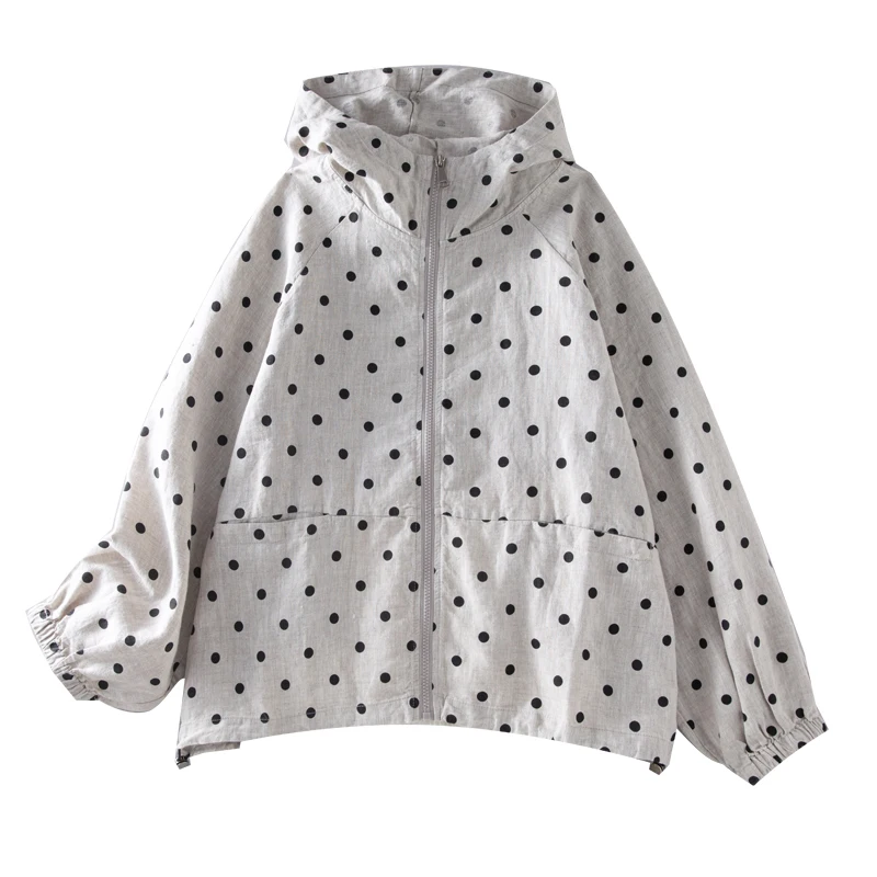 Jaet solto de algodão e linho com estampa de bolinhas com capuz e zíper primavera verão feminino ort outerwear confortável respirável
