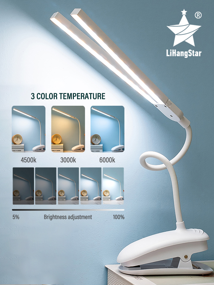 Doppelköpfige LED-Lesetischlampe mit Clip, Touch-Steuerung, dimmbares Licht, Augenschutz für Schlafzimmer, Schlafsaal, Arbeitszimmer, Büro