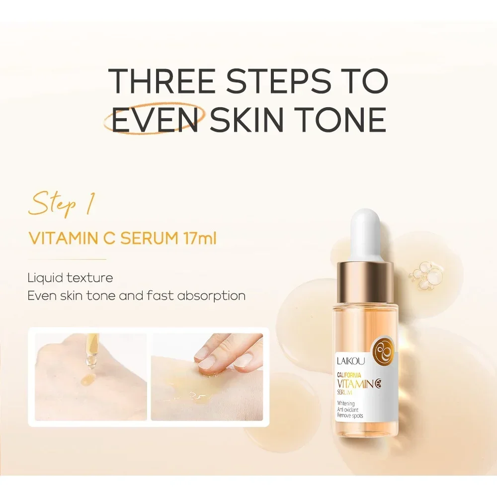 3 Stück/Set LAIKOU Vitamin C Gesichtsset zur feuchtigkeitsspendenden, feuchtigkeitsspendenden Aufhellung und Aufhellung