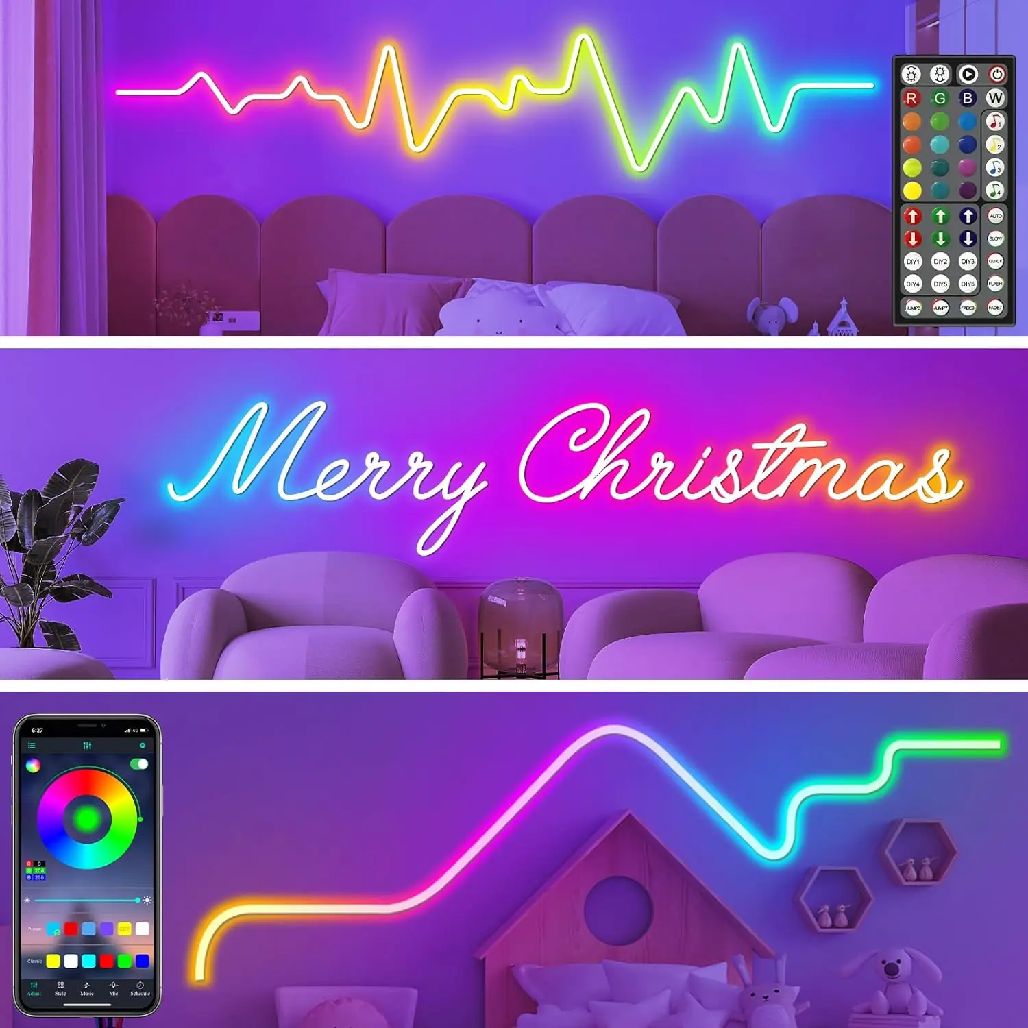 Luci a corda al neon, controllo luci a corda a LED flessibili con app/telecomando, luci a corda in modalità multiple, luci al neon a LED RGB per esterni IP65 Wa