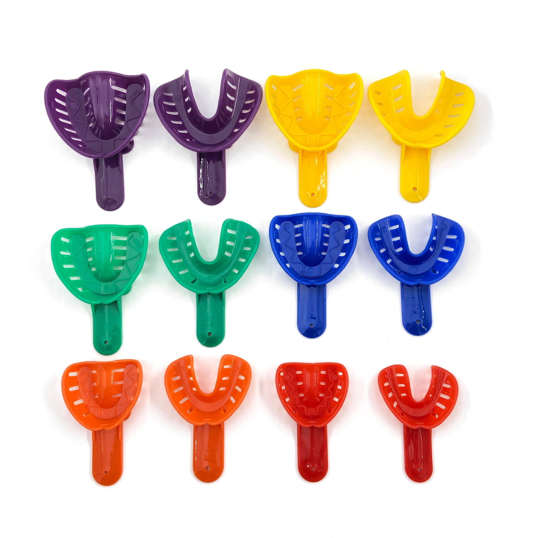 Bandejas de impresión Dental de plástico desechables para adultos y niños, materiales de suministro Central, soporte para dientes, herramientas para el cuidado bucal, 12 unidades por juego
