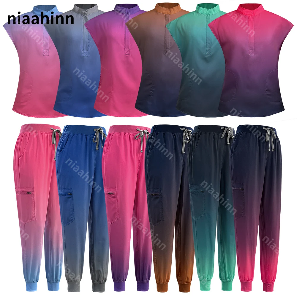 Farbverlauf Krankenschwester Arbeitskleidung Chirurgie Jogger Set Tops & Hosen Arzt Pflegeuniformen Chirurgische Uniform Set Haustier Arzt Arbeitskleidung