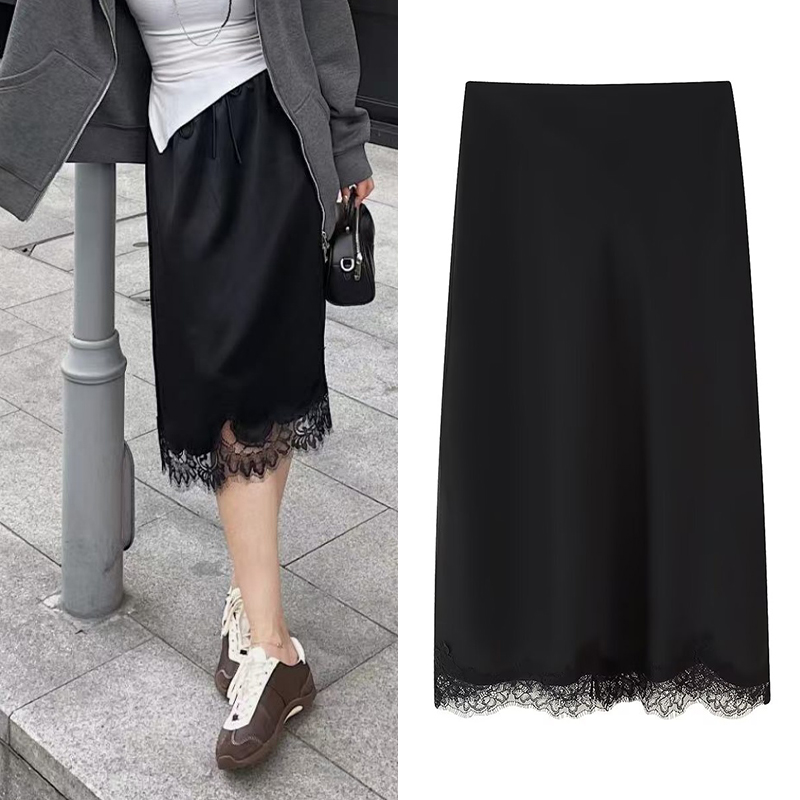 Черная кружевная шелковая атласная юбка с драпировкой по краю, элегантный наряд для вечеринки и свидания, женская модная юбка, низ Trafizaran