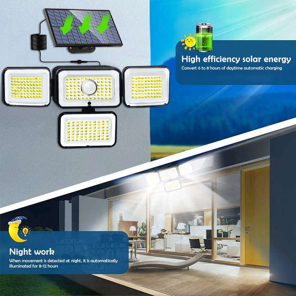 Solar Lights Outdoor 333/288/270 LED 4 Heads Motion Sensor Wall Lights Remote Waterproof Street Area Light Patio Garden Garage