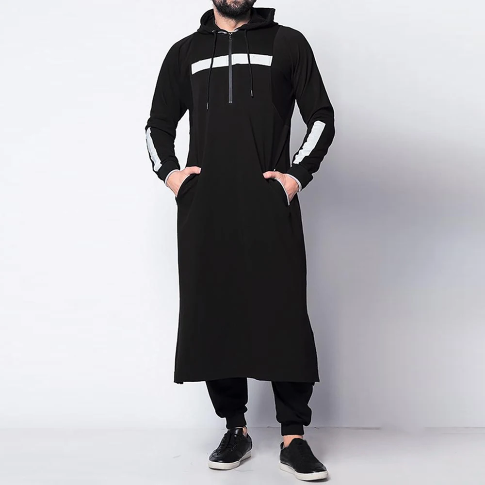 Tops masculinos muçulmano médio oriente islâmico árabe roupas soltas listrado manga longa bolsos com cordão comprimento total com capuz robe