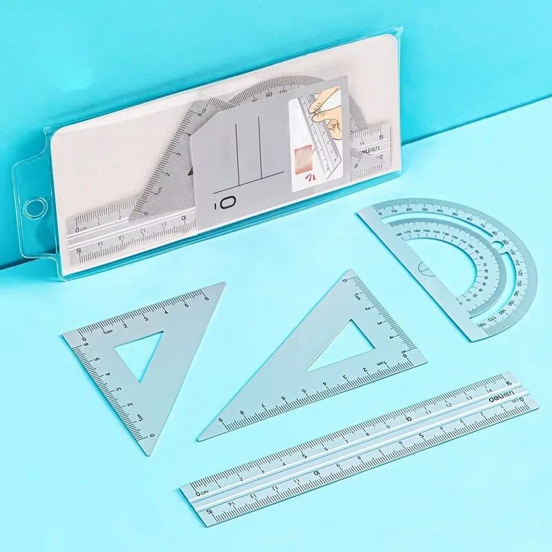 4 in 1 Deli Metal Ruler Stationery Set Aluminum Alloy Multifunctional Combination Ruler Triangle Protractor Alloy Drawing