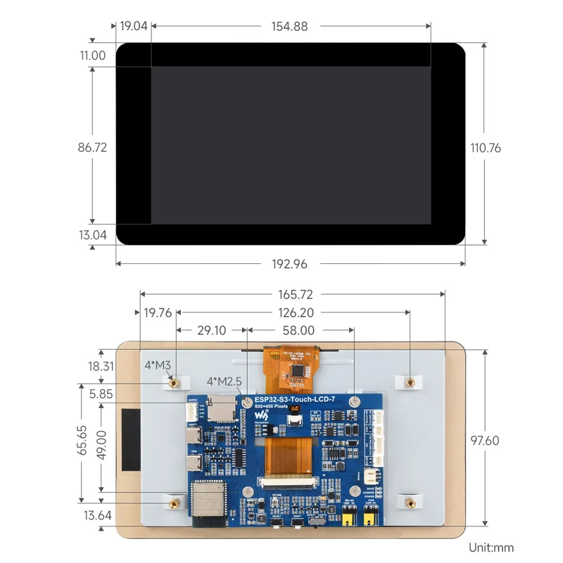 ESP32-S3 Placa de desarrollo de pantalla táctil de 7 pulgadas 800 × 480 Xtensa LX7 procesador de doble núcleo 8M Flash WiFi BT5 para GUI LVGL HMI ESP32