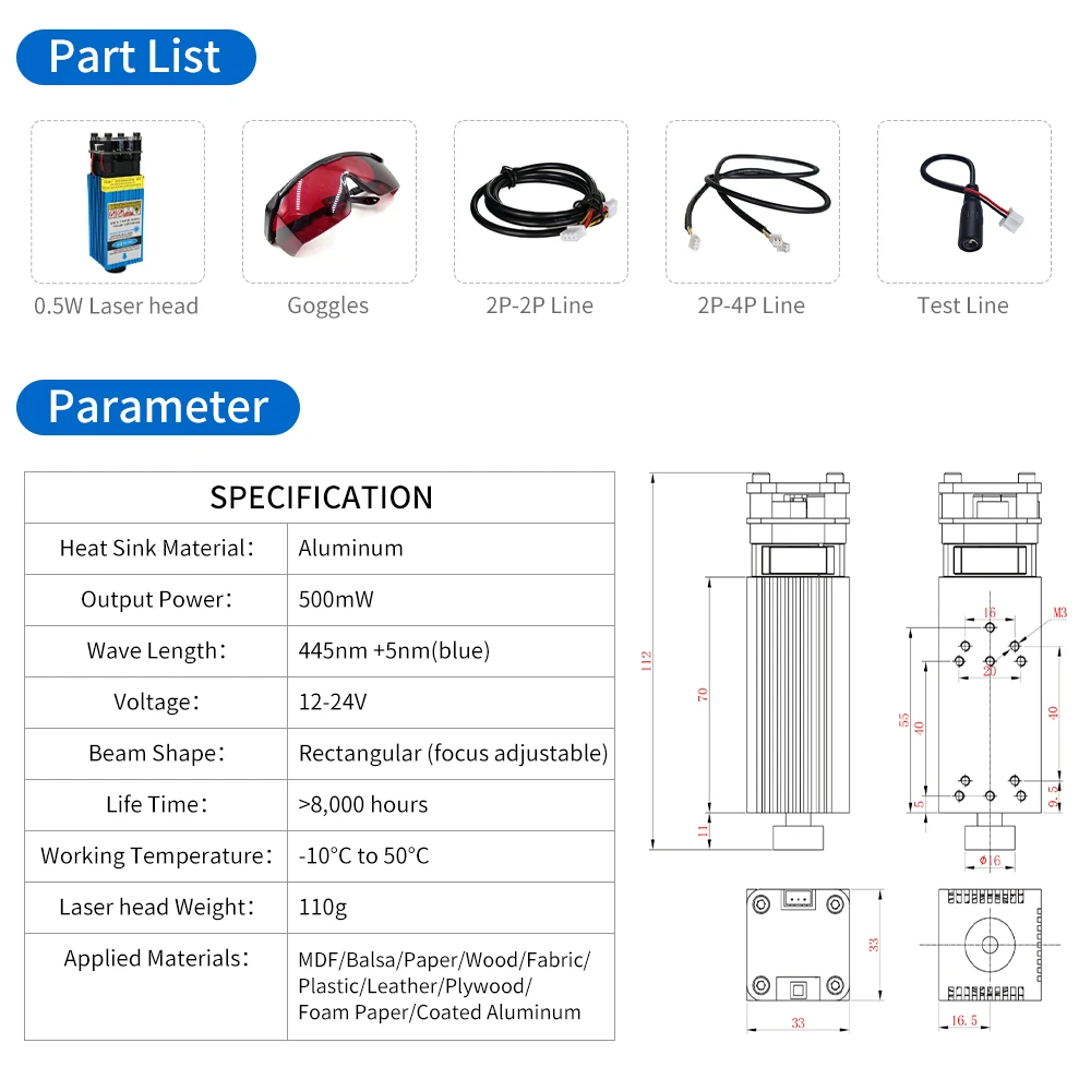 500MW 405NM 12V/24V Xanh Tím Than Laser Module Có Thể Điều Chỉnh Tiêu Cự Đầu Laser Với TTL Điều Khiển PWM với Kính Cho Laser Khắc