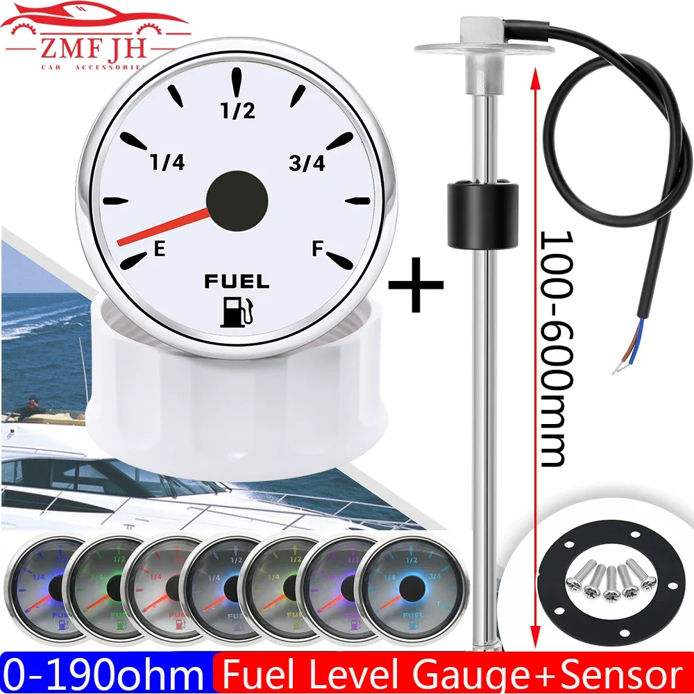 0-190 Ohm Nhiên Liệu Phao Cảm Biến + Nhiên Liệu Đo Độ Ánh Sáng 7 Màu Tự Động Mềm RV Thuyền Xe 2 "52Mm Bình Nhiên Liệu Đo Độ 12V24V