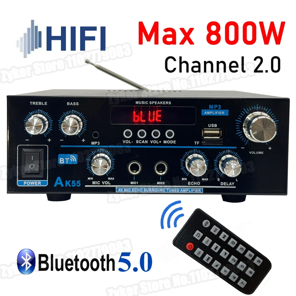 AK55 HiFi Digital Amplifier Max Power 90Wx2 Channel 2.0 Bluetooth Surround Sound AMP Speaker for Home Car BT 5.0 Audio Amplifier