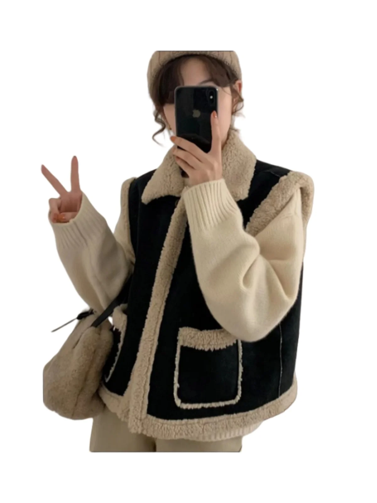 2024 女性のショートラムファーベストパッド入りジャケット秋冬肥厚アウターファッショナブルなスキンベルベットポロカラーベスト