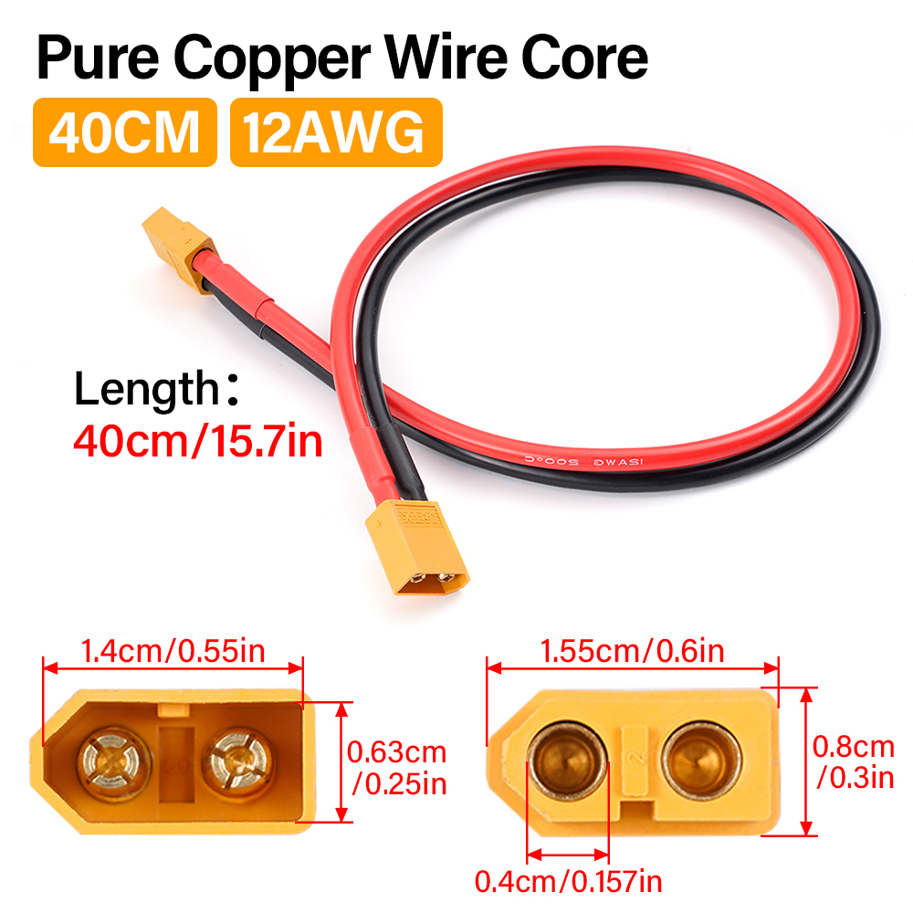 Fio de silicone para motor de bateria RC, cabo macho e fêmea, extensão dupla, XT60, 12AWG conector de bateria paralela, 40cm 60cm
