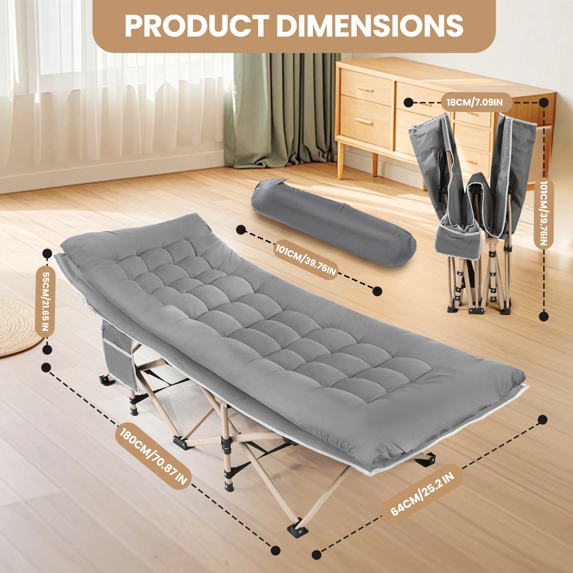 Camas de acampamento dobráveis para adultos, cama de acampamento resistente e resistente com colchão grosso e macio, cama de dormir com tubos mais grossos e esponja