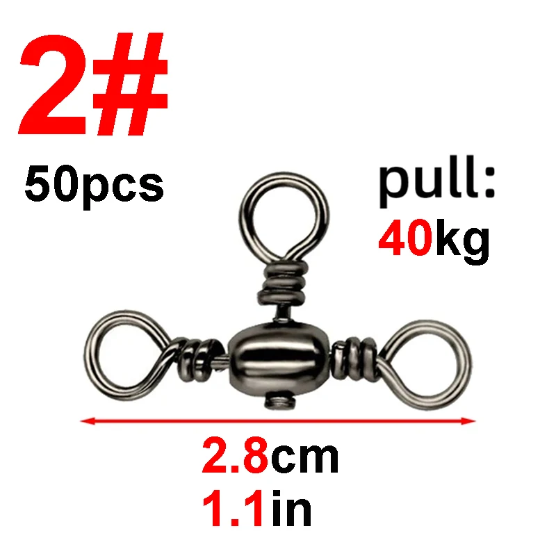 50 ชิ้น/ถุงอุปกรณ์ตกปลาสีดําชุบนิกเกิลสาม PRONG Connector T-Swivel Sub-Line Splitter ตกปลากลางแจ้ง Bazi แหวน