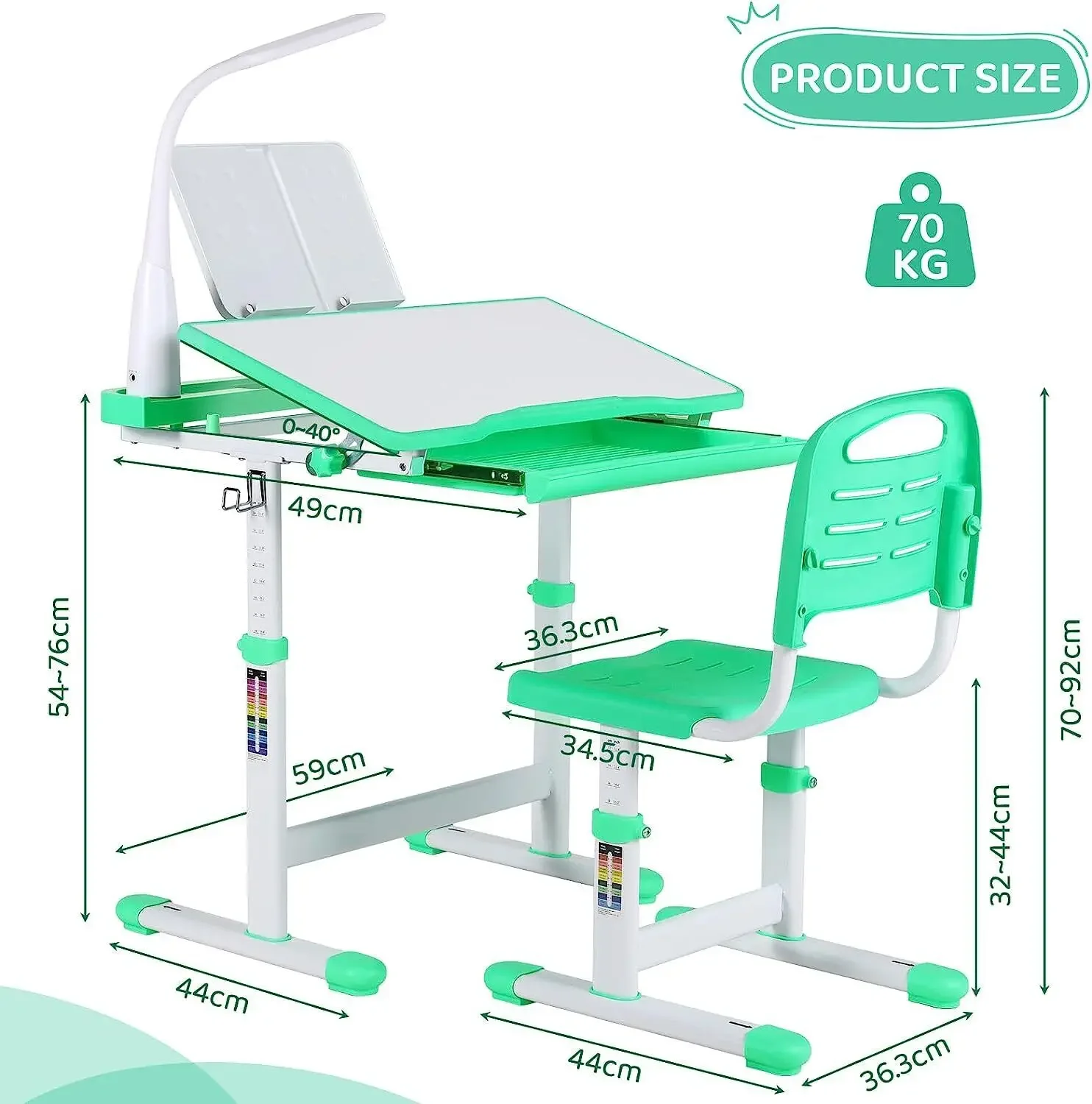 Scrivania per bambini, tavolo ergonomico e set scongelatore, con cassetto, supporto da lettura, lampada LED dimmerabile, regolabile in altezza