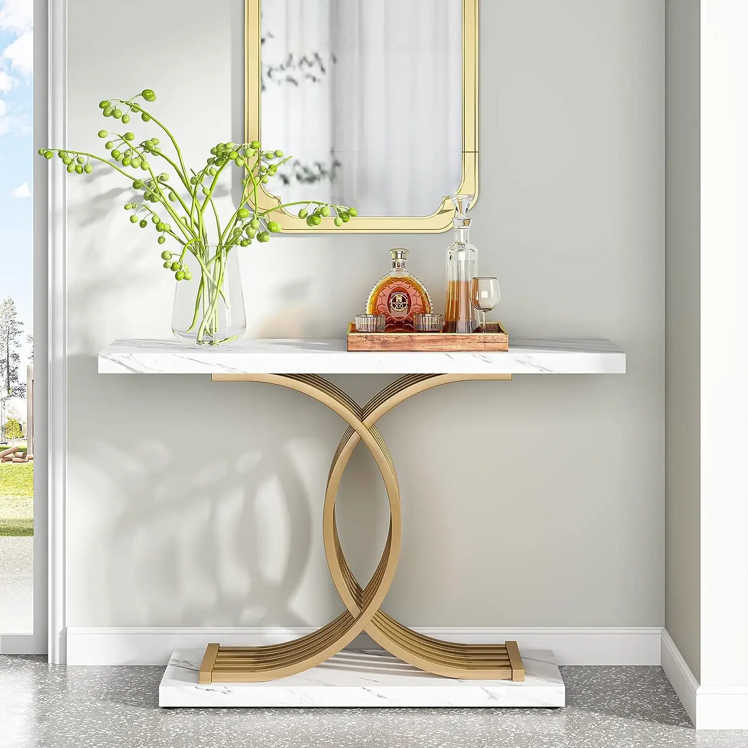 Tavolo da ingresso Tribesigns Gold, divano moderno in legno stretto in finto marmo consolle da 39 pollici con gambe geometriche in metallo