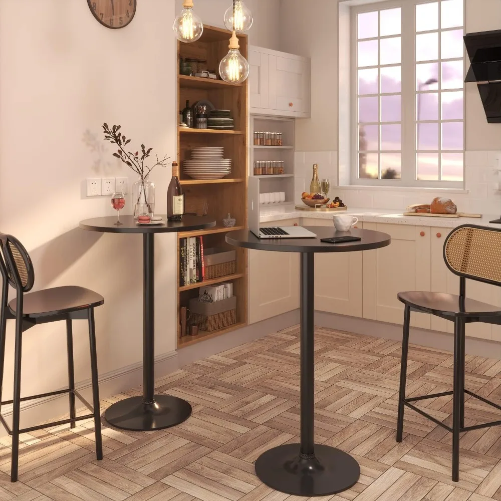 Bistro Pub Table 2 Pack Round Bar Height Cocktail Table Metal Base MDF Top Obsidian Table with Black Leg