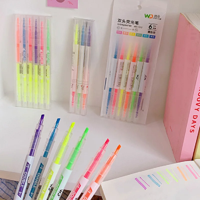 3/6 pçs/set cabeça dupla fluorescente marcador caneta marcadores pastel desenho caneta para estudante escola material de escritório bonito papelaria