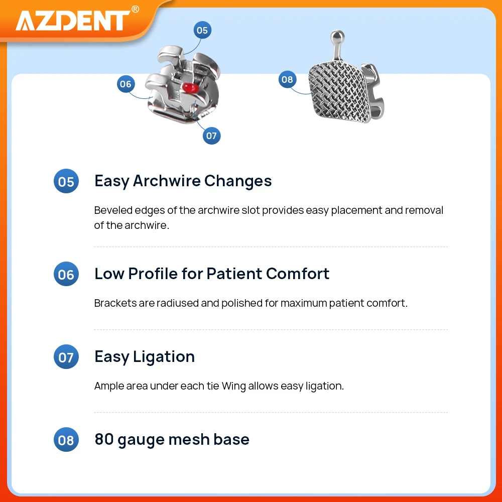 10Packs AZDENT Dental Brackets Orthodontic Braces Plus Metal Mini Standard Mesh Base Roth/MBT 0.022/0.018 Hooks 3-4-5 20pcs/Pack
