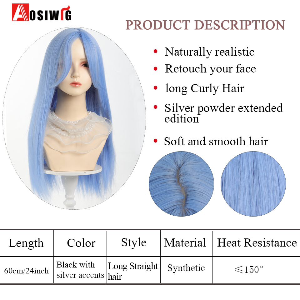 Aosi-女性用フリンジ付き合成ロリータウィッグ,長く滑らかな青いかつら,毎日のコスプレ,ハロウィーン,ピンク