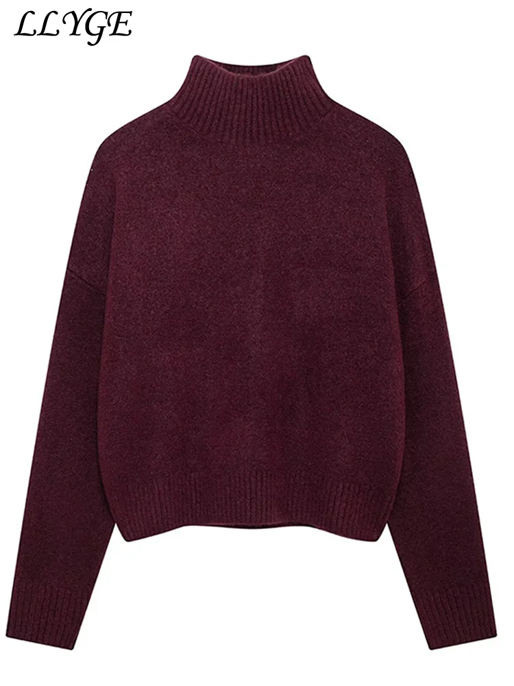 Suéter Vintage de cuello alto color Burdeos para mujer, Jersey grueso informal de manga larga para mujer, prendas de punto cómodas que combinan con todo para invierno 2024