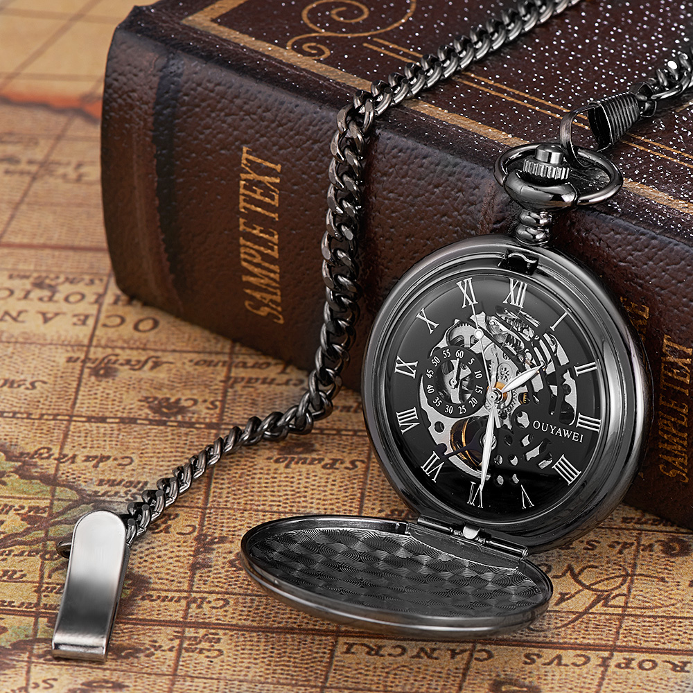 Reloj de bolsillo mecánico de acero inoxidable para hombre, esfera con mecanismo al descubierto informal a la moda, relojes de cadena Fob mecánicos de cuerda a mano dorados de lujo para hombre
