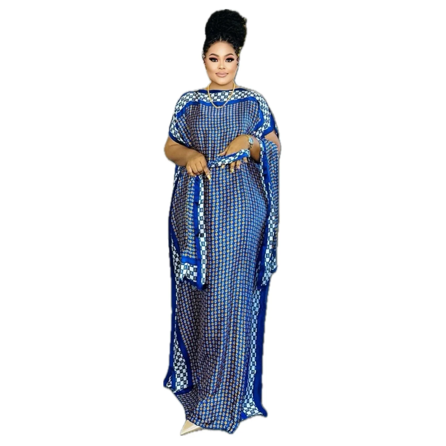Plus Size Geometrische Wonder - Zwierige maxi-kaftanjurk met ronde hals en vleermuismouwen - bochtige vriendelijke, elegante kleding
