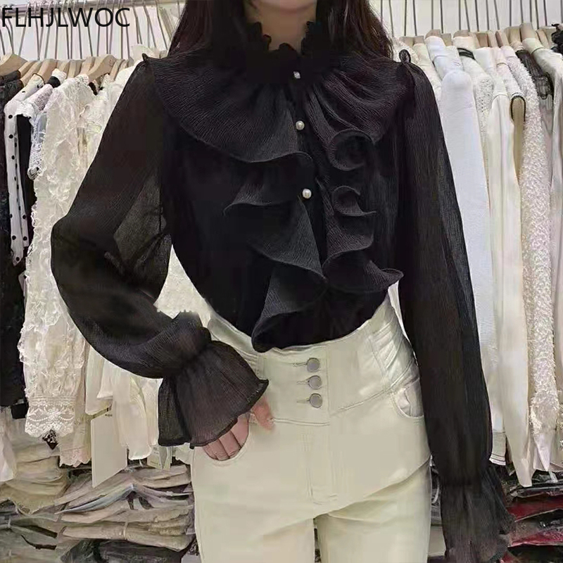 2022 primavera outono camisas básicas blusas moda feminina manga longa elegante senhora do escritório trabalho sólido branco babados chiques topos blusas