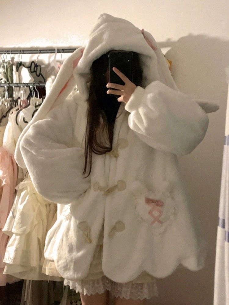 Abrigos con capucha informales holgados de retales Kawaii, ropa informal japonesa, moda esponjosa, Tops estéticos Y2k con bolsillo Grunge para mujer