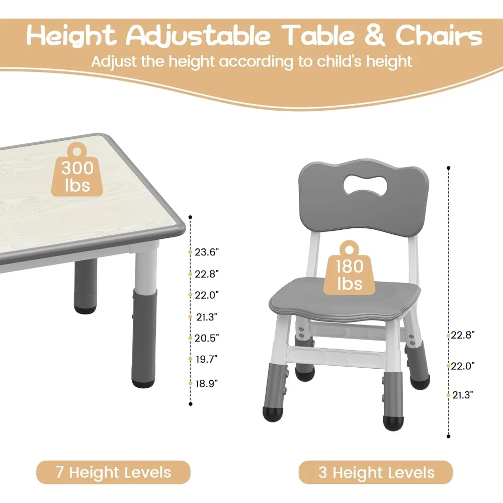 Kids Table and 6 Chairs Set, Height Adjustable Toddler Table and Chair Set, Graffiti Desktop,Children Study Table for 6 for Home