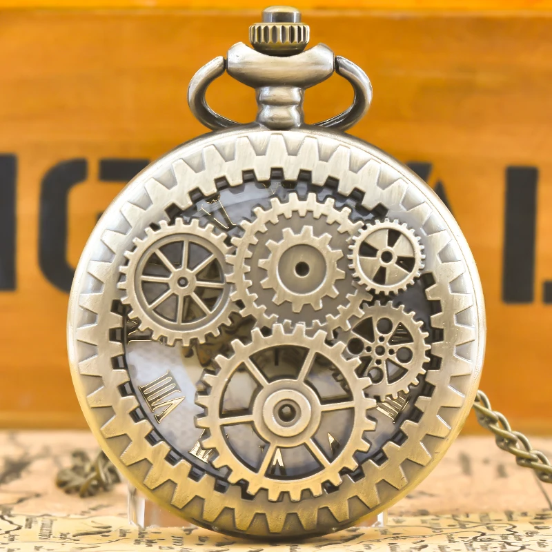 Vintage brąz Steampunk miedź wycięcie biegów kwarcowy zegarek kieszonkowy naszyjnik wisiorek łańcuszek z zegarem mężczyźni kobiety łańcuszek prezent