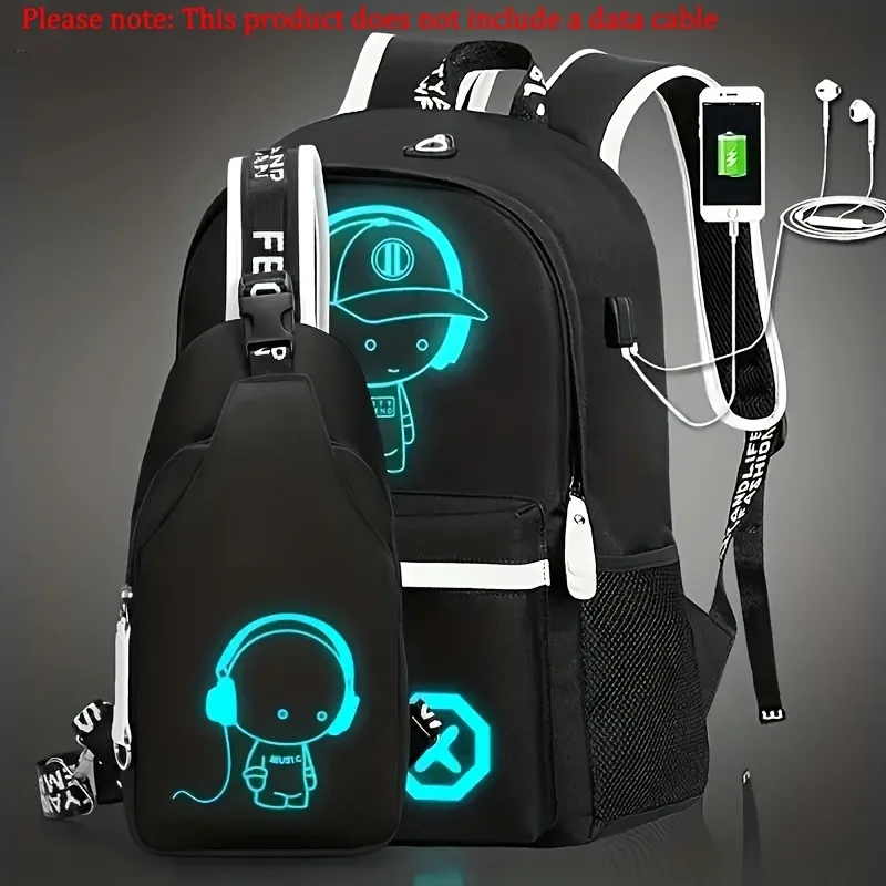Set di zaini per studenti luminosi da 2 pezzi Borsa a tracolla per il tempo libero Borsa da petto Borsa da viaggio leggera di grande capacità con presa USB