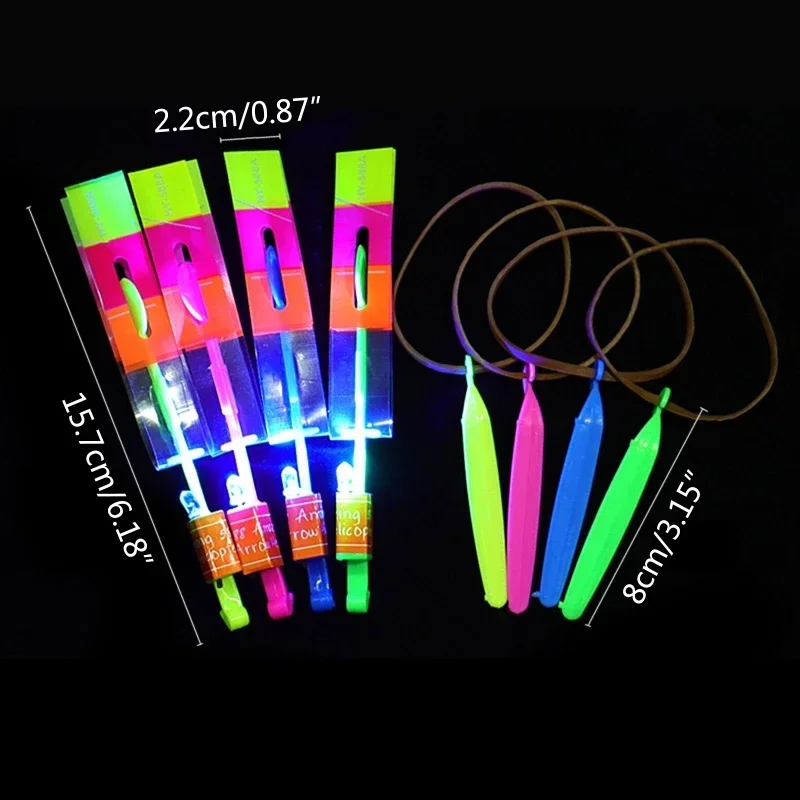 Divertido deporte al aire libre luz LED flecha cohete helicóptero tirachinas avión juguetes voladores banda de goma catapulta libélula de bambú regalo