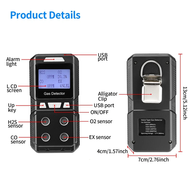 Portable 4 Gas Detector Toxic And Combustible Gas Detector Analyzer High Precision EX O2 H2S CO EU Plug