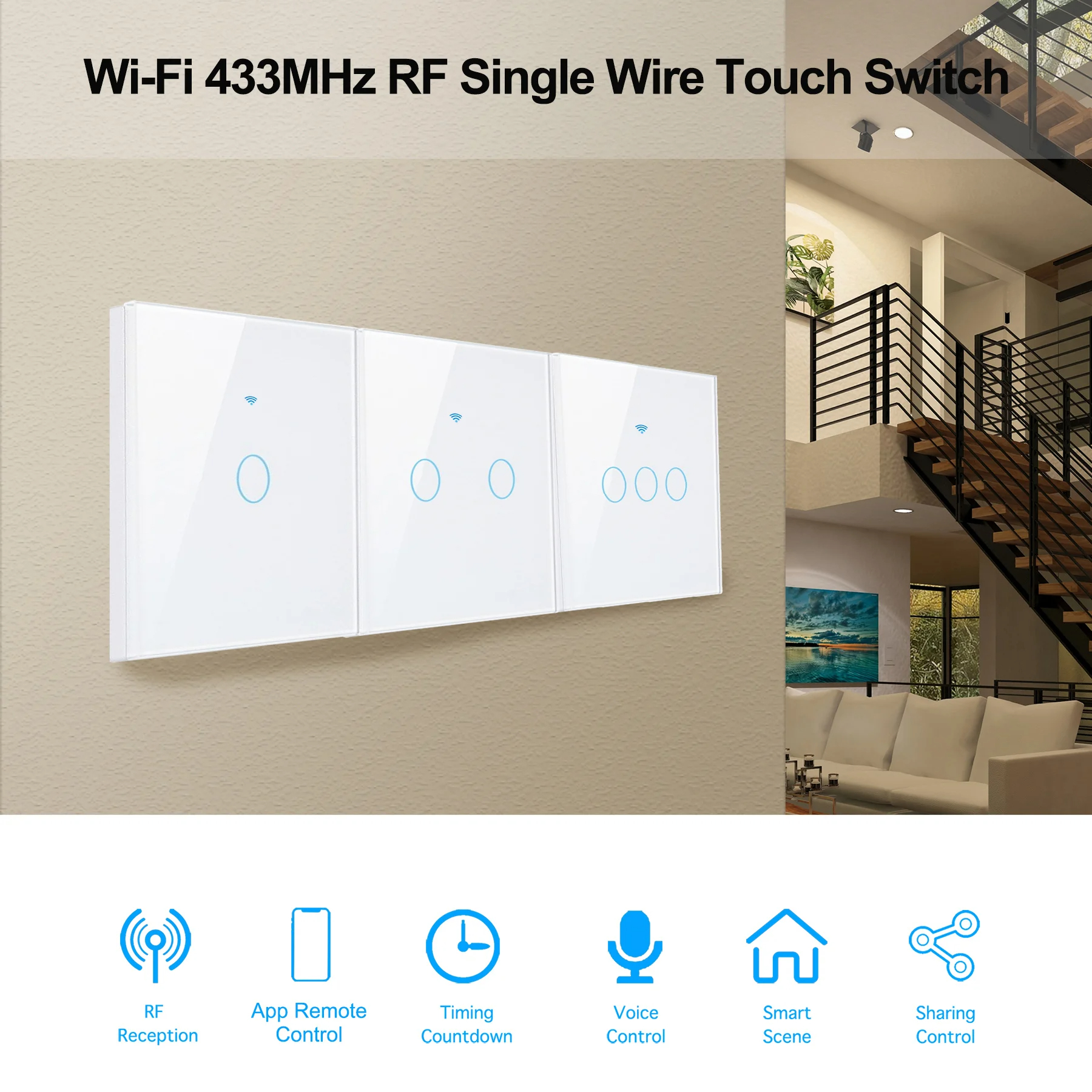 Interruptor inteligente WiFi, Interruptor táctil de pared con luz europea, 220V, sin necesidad de cable neutro, Tuya Smart Life, funciona con Alexa, Google Home, 1/2/3 entradas