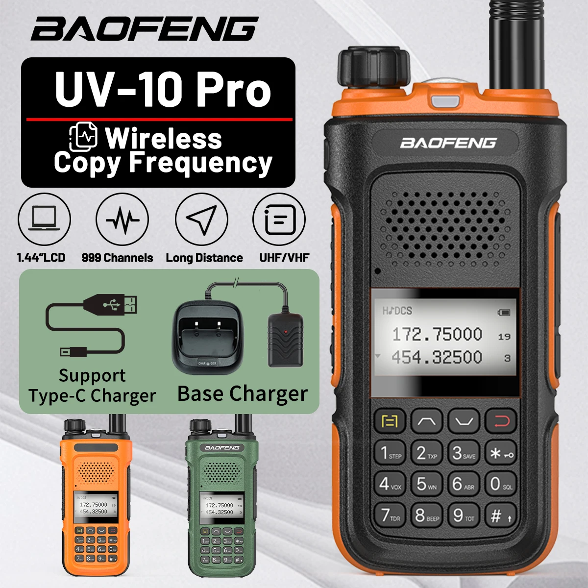 Baofeng UV-10R Pro Walkie Talkie Typ-C Ändern Drahtlose Kopierfrequenz U/VHF 999CH Dual Band Für Camping Jagd wandern